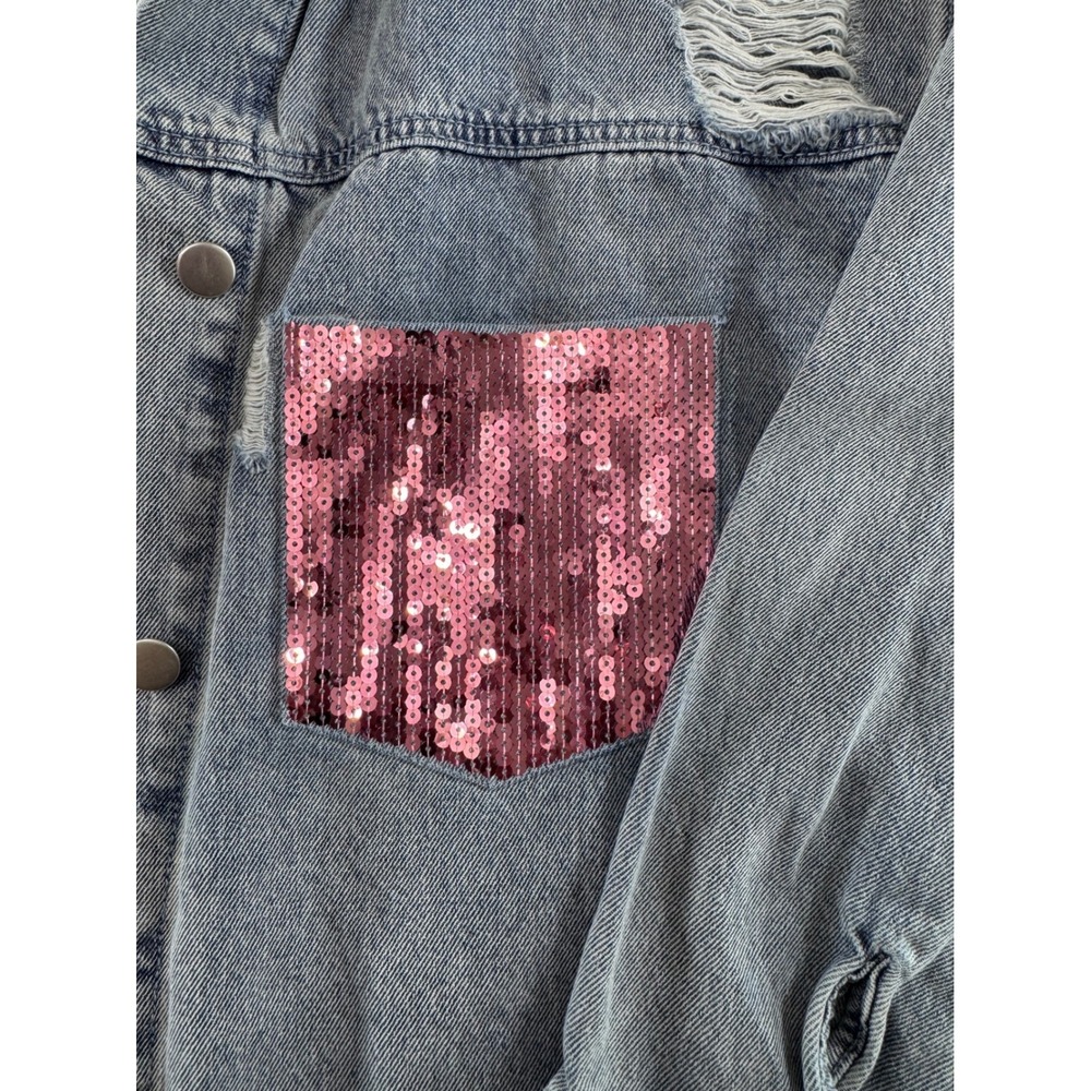 BIBI Distressed Denim Jacket Pink Sequin Pockets Light Wash Cotton Large - Picture 5 of 10